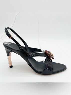 Gucci 2004 Tom Ford Black Python Snakeskin Serpent Head Bamboo Heel Sandals US 6